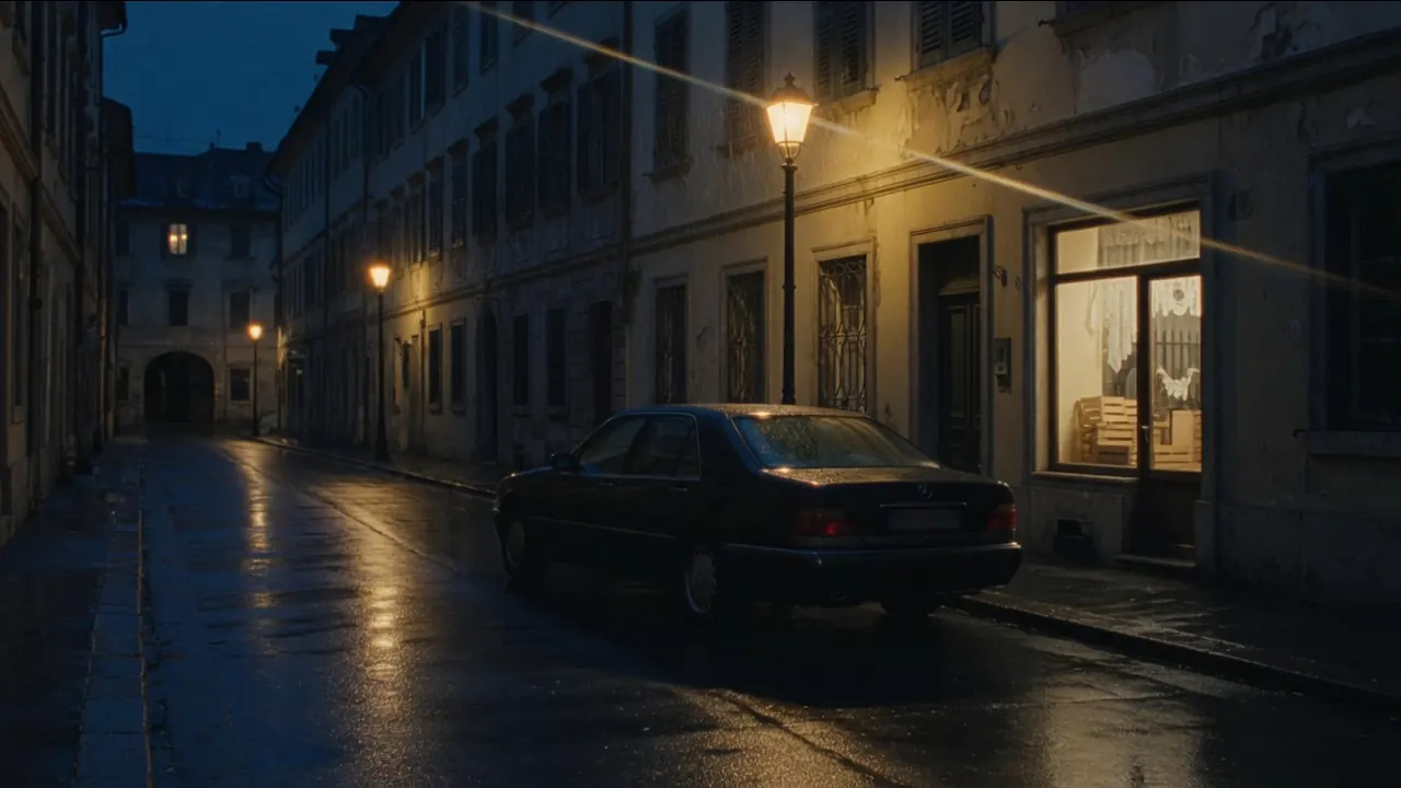 Dark sedan on a wet old-town street at blue hour, tungsten lamps reflecting on the asphalt.