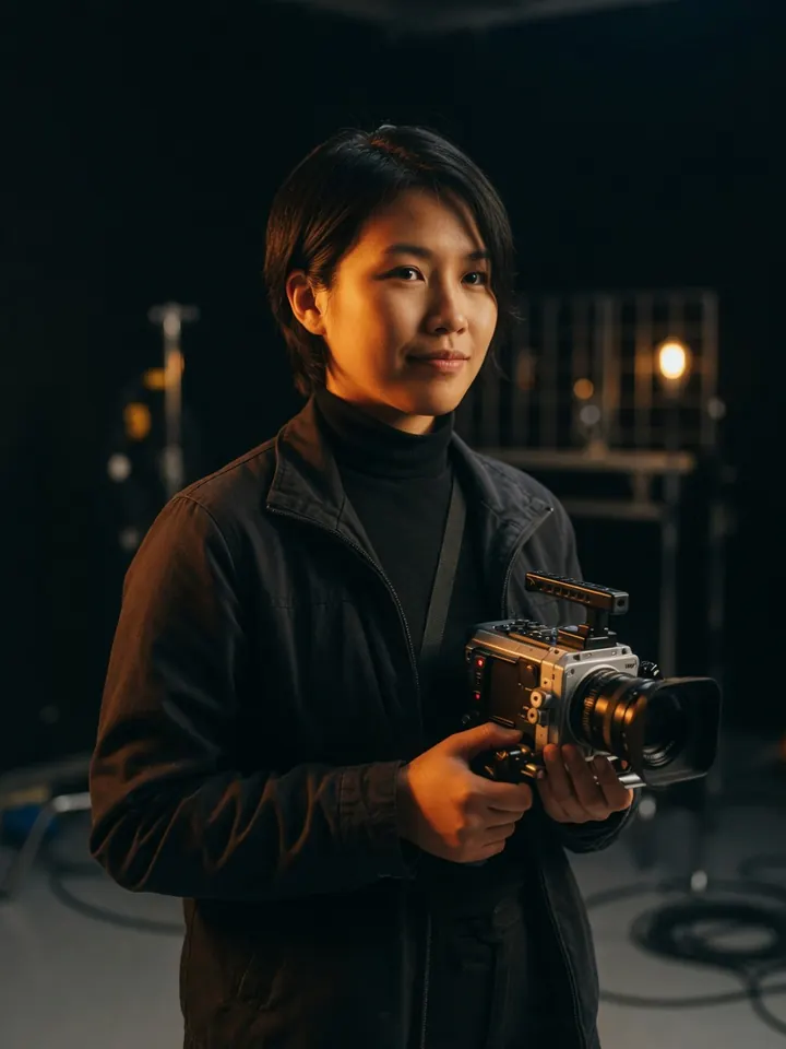 Portrait of a cinematographer holding a small cinema camera in warm tungsten light.