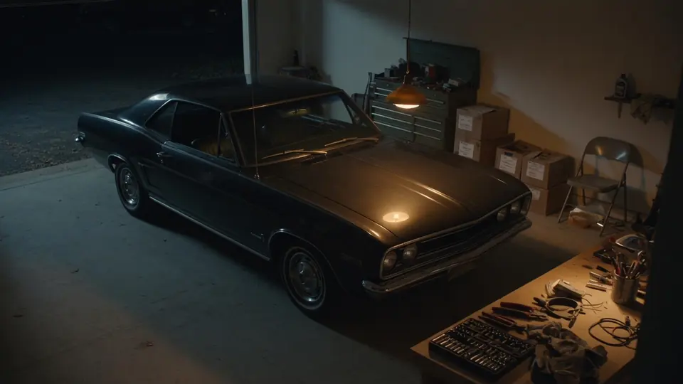 Classic dark coupe in a private garage under a single warm work lamp, tools on the bench.