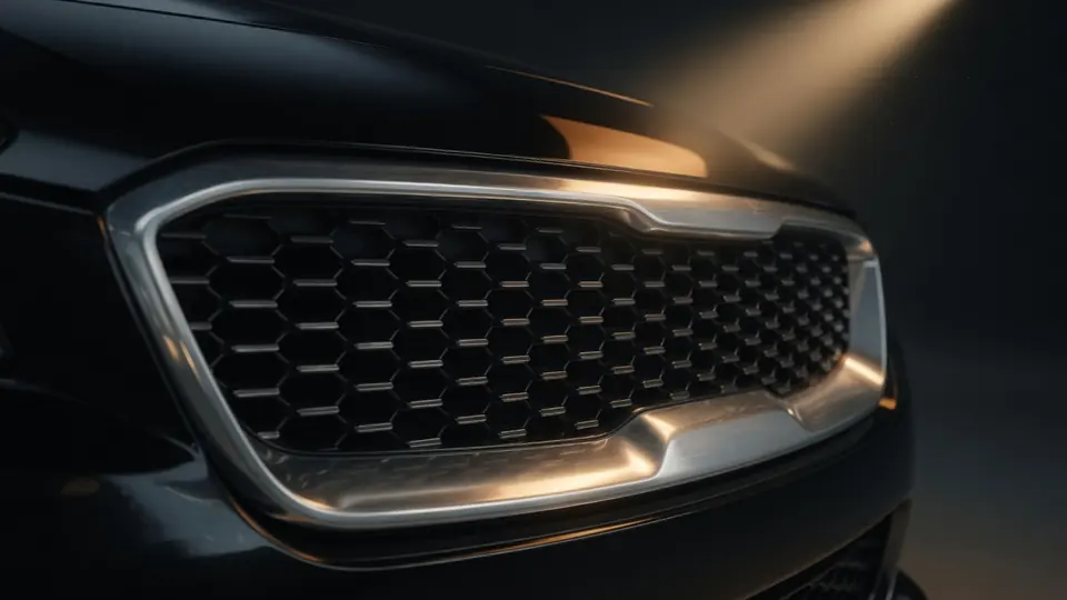 Close-up of a dark car grille and chrome surround lit by a single warm tungsten spotlight.