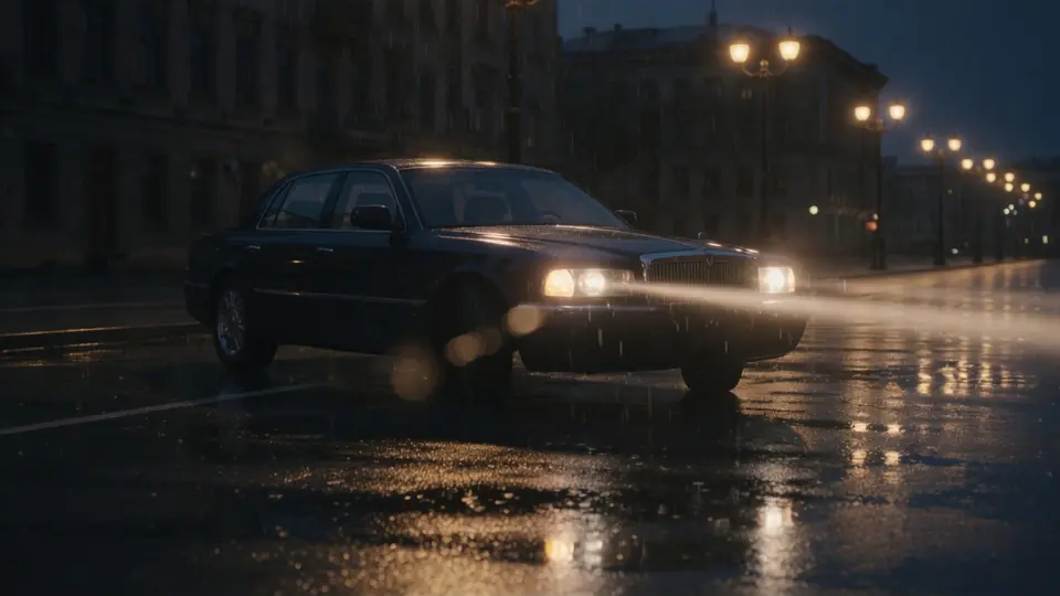 Dark luxury sedan on wet city asphalt at night, headlights cutting through rain and streetlamp glow.