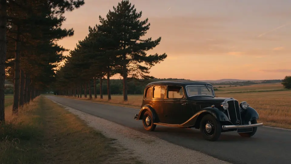 Vintage touring car on a quiet rural road at golden hour, pines lining the verge.