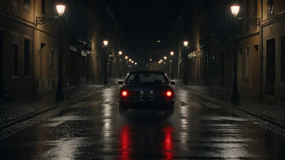Dark sedan driving away down a wet night street, red taillights reflecting on the asphalt.